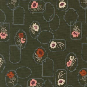 May include: Dark green fabric with a repeating floral pattern. The design features stylized flowers in pink, white, and orange, framed within light blue oval and rectangular shapes. The background has a subtle textured appearance.