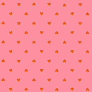 May include: A repeating pattern of small, orange hearts on a pink background. The hearts are evenly spaced and arranged in rows and columns, creating a visually appealing and cheerful design. The color palette is bright and playful.