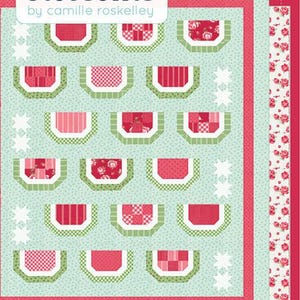 May include: A quilting pattern for a watermelon patchwork quilt. The pattern features a cheerful watermelon design with red, green, and white fabric. The pattern is titled "Watermelon Patchwork" and is a part of the "Thimble Blossoms" collection by Camille Roskelley.