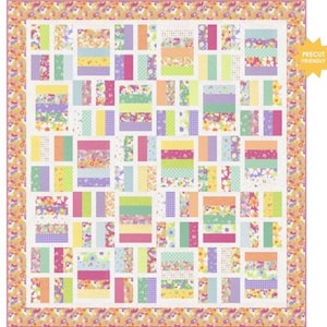 May include: A colorful patchwork quilt with a white background and a floral border. The quilt features rectangular blocks in various pastel colors, including pink, yellow, green, and purple. The text "PRECUT FRIENDLY" is visible in the upper right corner.