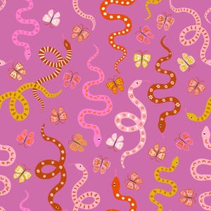 May include: A seamless pattern featuring pink, orange, and yellow snakes with various patterns and butterflies on a purple background.