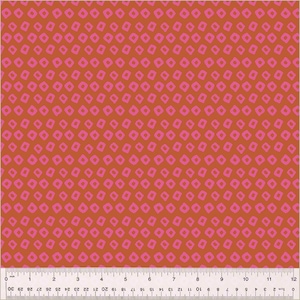 May include: A seamless fabric pattern with a repeating design of small pink squares on a burnt orange background.