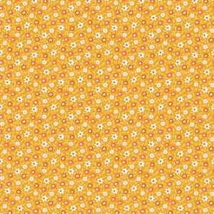 May include: A seamless pattern featuring small white and orange flowers on a yellow background. The flowers are arranged in a repeating pattern, creating a cheerful and vibrant design.