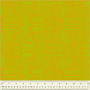 May include: A seamless pattern of woven green and orange stripes. The pattern is made up of horizontal and vertical stripes that intersect to create a checkered effect.