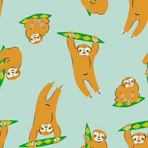 May include: A seamless pattern featuring brown sloths with green and yellow surfboards on a light blue background. The sloths are in various poses, including hanging upside down, riding the waves, and relaxing on the boards.