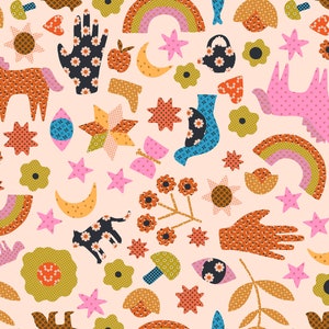 May include: A seamless pattern featuring a variety of colorful, whimsical illustrations on a light pink background. The pattern includes rainbows, stars, moons, flowers, butterflies, animals, and hands. The illustrations are made up of different patterned fabrics, giving the pattern a patchwork feel.