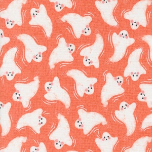 May include: A seamless pattern of white ghosts with pink cheeks and black eyes on an orange background. The ghosts are in various positions and have a whimsical, cartoon-like style.