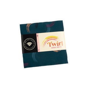 May include: A pack of 42 5-inch fabric squares featuring a teal background with abstract swirls in shades of pink, orange, and gold. The pack is labeled "Twirl" by Sarah Watts and is part of the Ruby Star Society collection.