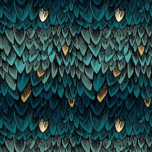 May include: A detailed illustration of a repeating pattern of teal and dark blue scales, interspersed with gold accents. The design evokes a fantasy or mythical theme, with a textured, hand-drawn appearance. The scales overlap, creating a layered effect.