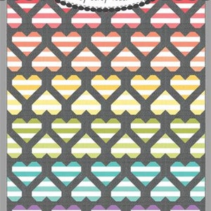 May include: A quilt pattern with a repeating heart design. The hearts are striped in a rainbow of colors, including pink, orange, yellow, green, blue, and purple. The pattern is called "Heart Threads" and is number 189.