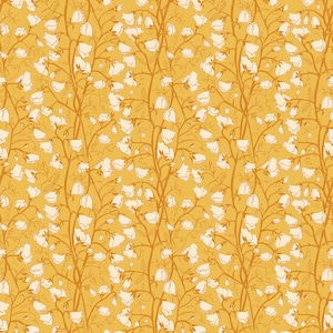 May include: A seamless pattern featuring white flowers with delicate stems on a yellow background. The flowers are arranged in a repeating pattern, creating a floral design.
