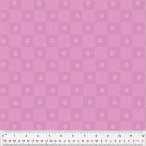 May include: A seamless pattern featuring a pink and white checkered background with small pink flowers in each square.