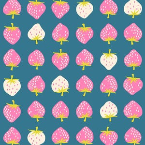 May include: A seamless pattern featuring pink and white strawberries on a teal background. The strawberries are stylized and have a simple, graphic design.