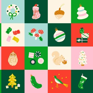 May include: A colorful grid of Christmas-themed illustrations. The image features various festive elements such as a Christmas tree, ornaments, a wreath, a stocking, a reindeer, and gift boxes. The design incorporates a mix of colors and patterns.