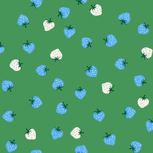 May include: A seamless pattern featuring white and blue strawberries on a green background. The strawberries are scattered randomly across the surface.