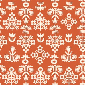 May include: A repeating pattern featuring off-white floral and botanical designs on a burnt orange background. The pattern includes stylized flowers, leaves, and geometric shapes, creating a folk art aesthetic. The design is symmetrical and evenly spaced.