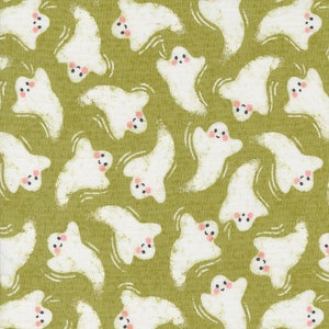 May include: A green fabric with a repeating pattern of white ghosts with pink cheeks. The ghosts are smiling and have a simple, cartoon-like design.