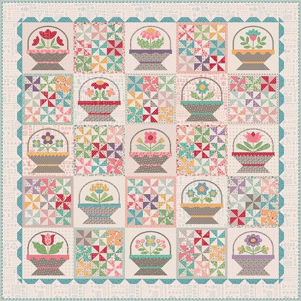 Flower Basket Sampler Quilt Kit using Piece and Plenty fabric by Lori Holt of Bee in My Bonnet -Riley Blake Designs- 87" X 87"