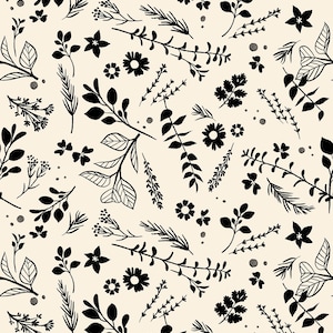 May include: A seamless pattern featuring black silhouettes of various floral and botanical elements on a light beige background. The design includes leaves, flowers, and stems, creating a delicate and organic aesthetic.