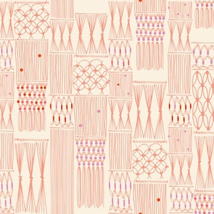 May include: A repeating pattern featuring various geometric shapes and linear designs in shades of peach, coral, and purple on a cream background. The pattern includes vertical lines, circles, and knotted elements, creating a textured, handcrafted aesthetic.