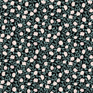 May include: A seamless pattern featuring small white roses with pink centers on a black background. The roses are arranged in a random pattern and are surrounded by small green leaves.