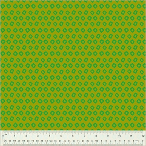 May include: A fabric sample with a repeating pattern of green, slightly rounded squares on a yellow-green background. The image includes a ruler showing inches, with measurements up to 12 inches.