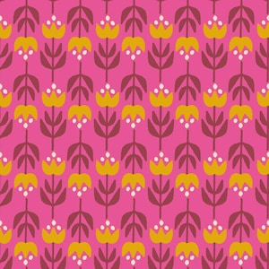 May include: A seamless pattern featuring stylized yellow flowers with white centers on a pink background. The flowers are arranged in rows with brown stems and leaves.