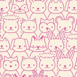 May include: A seamless pattern featuring a variety of cute animal faces in pink outlines on a cream background. The animals include a fox, rabbit, cat, dog, deer, hedgehog, and raccoon.