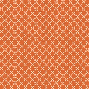 May include: An orange background with a repeating pattern of small, off-white square shapes arranged in a grid-like design. The pattern creates a textured, geometric effect, suitable for fabric or wallpaper.