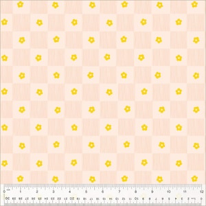 May include: A pink and white checkered fabric with a repeating pattern of yellow flowers. The fabric has a subtle striped texture.