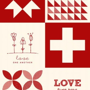May include: A red and white quilt block design with a red cross in the center. The text "LOVE lives here" is written below the cross. The quilt block design is repeated in the background of the image.