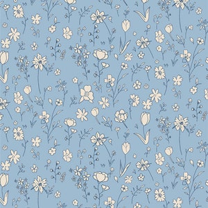 May include: A light blue floral pattern featuring various flowers and leaves in a cream color. The design includes daisies, tulips, and other small blossoms, creating a delicate and whimsical aesthetic. The pattern is suitable for fabric or wallpaper.