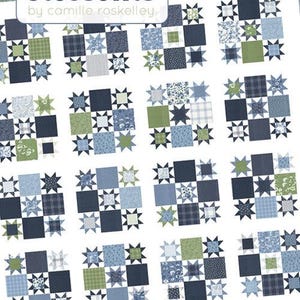 May include: A quilt pattern titled "thimble blossoms" by Camille Roskelley. The quilt design features a repeating pattern of squares and star-shaped blocks in shades of blue, green, and white. The text "HIDE AWAY" is also visible.