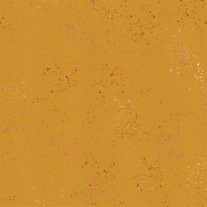 May include: A seamless pattern with a mustard yellow background and a scattered pattern of small red and pink dots.