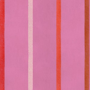 May include: A pink fabric with vertical stripes in orange, red, and white.
