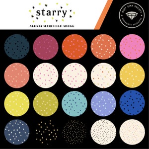 May include: A collection of 16 colorful circles with different star patterns. Each circle has a white background with a different color of stars. The colors include pink, red, orange, yellow, blue, green, and black. The circles are arranged in a grid of four rows and four columns. The text "starry" is at the top of the image in yellow letters. The text "ALEXIA MARCELLE ABEGG" is below the word "starry".
