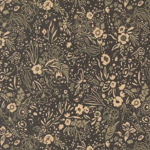 May include: Dark gray fabric with a repeating floral pattern. The design features cream-colored flowers, leaves, and stems, with delicate line drawings and small dots. The overall effect is a detailed, botanical print.