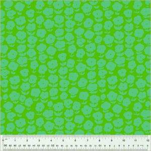 May include: A green fabric with a repeating pattern of teal blue flowers. The flowers are stylized and have a simple design.
