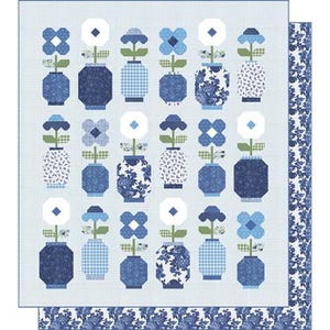 May include: A blue and white floral quilt featuring a repeating pattern of stylized flowers in vases. The vases have various blue patterns, including floral, gingham, and solid designs. The quilt has a light blue background and a patterned border.