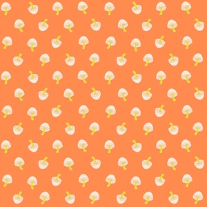May include: A seamless pattern of white mushrooms with yellow stems on a bright orange background.