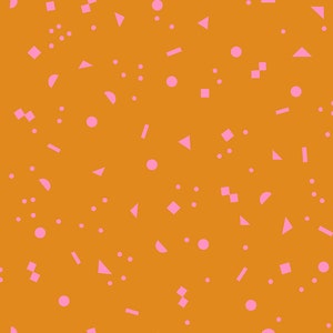 May include: A seamless pattern with pink geometric shapes on an orange background. The shapes include circles, squares, triangles, and rectangles.