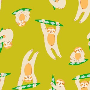 May include: A seamless pattern featuring sloths in various poses on a bright yellow background. The sloths are depicted in a cartoon style with green and white surfboards.