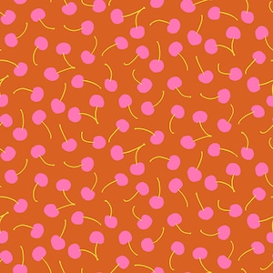 May include: A seamless pattern of pink cherries with yellow stems on an orange background.