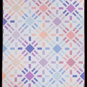 May include: A square, patterned design featuring a repeating geometric pattern. The design incorporates diamonds, crosses, and rectangles in a palette of pastel colors, including pink, purple, blue, and peach, set against a white background.