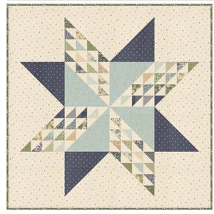 May include: A handcrafted quilt featuring a large star design. The star is composed of various blue, green, and beige patterned triangles, set against a cream background with small polka dots. The quilt has a green border.