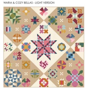 May include: A quilt pattern with a variety of colorful geometric shapes, including stars, squares, and triangles. The quilt is made in a warm and cozy style, with a light background and bright colors.