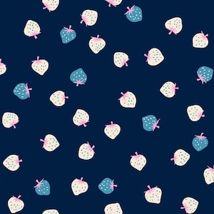 May include: A seamless pattern of white and blue strawberries on a dark blue background. The strawberries are arranged in a random pattern and are all facing the same direction.