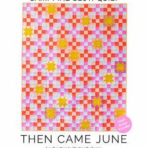 May include: A quilt pattern titled "Campfire Glow Quilt" by Then Came June. The quilt features a patchwork design with red, pink, and white squares, and yellow star-shaped accents. The dimensions are listed as Baby 42" x 48", Throw 54" x 66", and Twin 72" x 84".