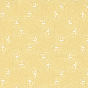 May include: A seamless pattern featuring a repeating design of white stylized leaves on a pale yellow background.