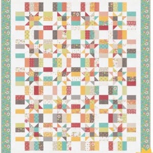 May include: A patchwork quilt with a white background and a colorful pattern of squares and stars. The squares are in shades of red, orange, yellow, teal, and gray. The quilt has a floral border and a tag that says "Precut Friendly."